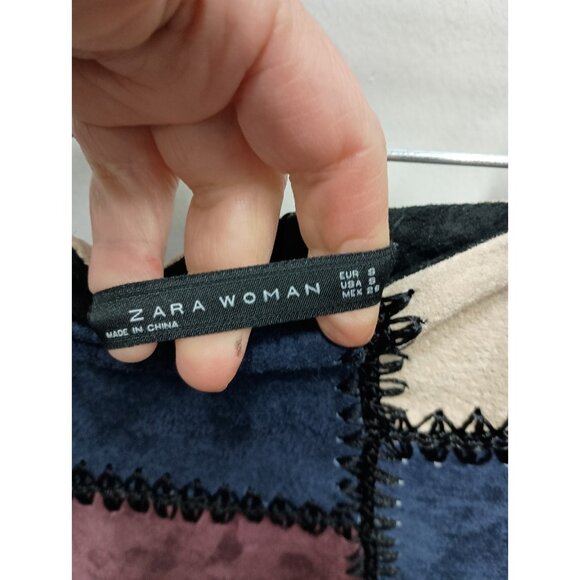Zara Mini Skirt Size Small Multi Patchwork Suede Leather BOHO Retro Clubwear - Picture 4 of 8